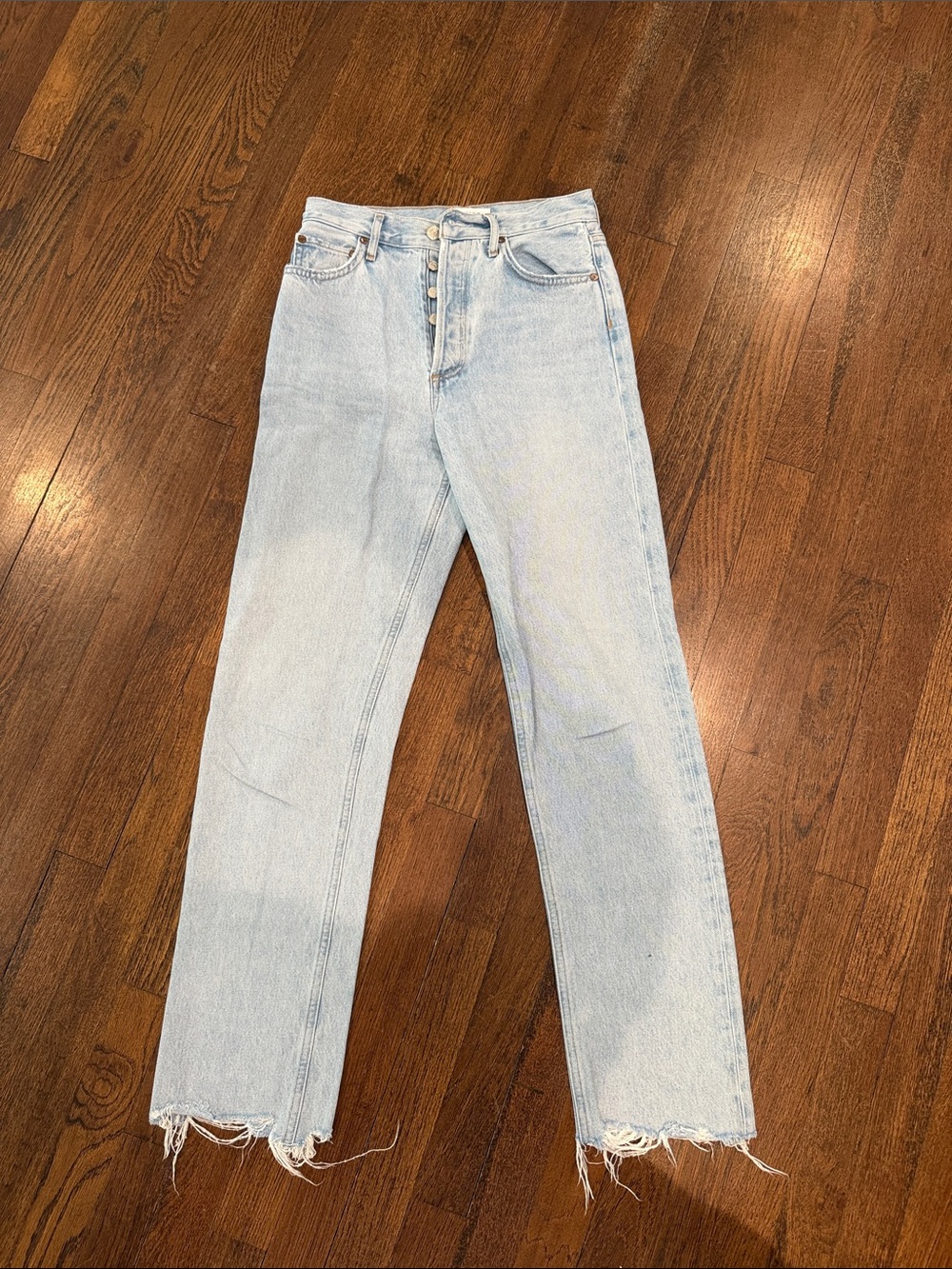 Agolde Light Blue Straight-Leg Jeans with Frayed Hem